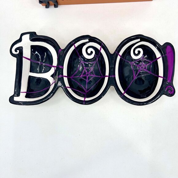 HALLOWEEN BOO CERAMIC CANDY DISH & HAPPY HALLOWEEN WOOD BLOCK DECOR SET - Picture 2 of 7